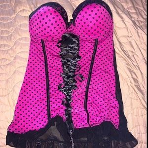 PINK AND BLACK PLAYBOY Y2K POLKA DOT BUSTIER TOP WITH GARTER STRAPS
